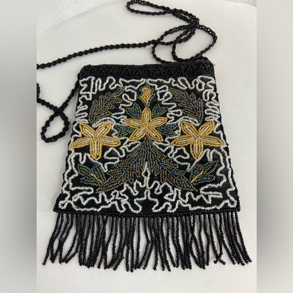 J&X NY Beaded Bag With Long Shoulder Cord Starfish Design Black/White/Yellow